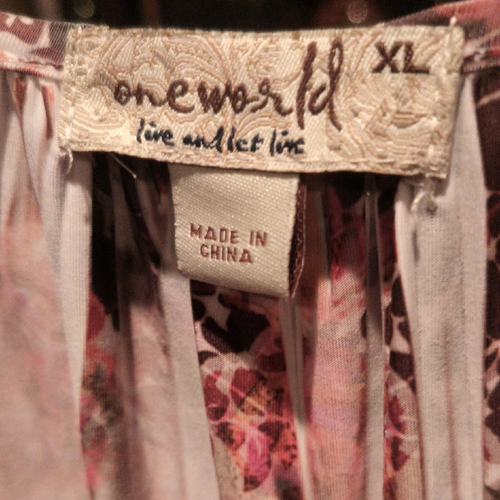 FINAL PRICE ONE WORLD Red, White, Orange, Brown Floral Dress w Red Embroidery